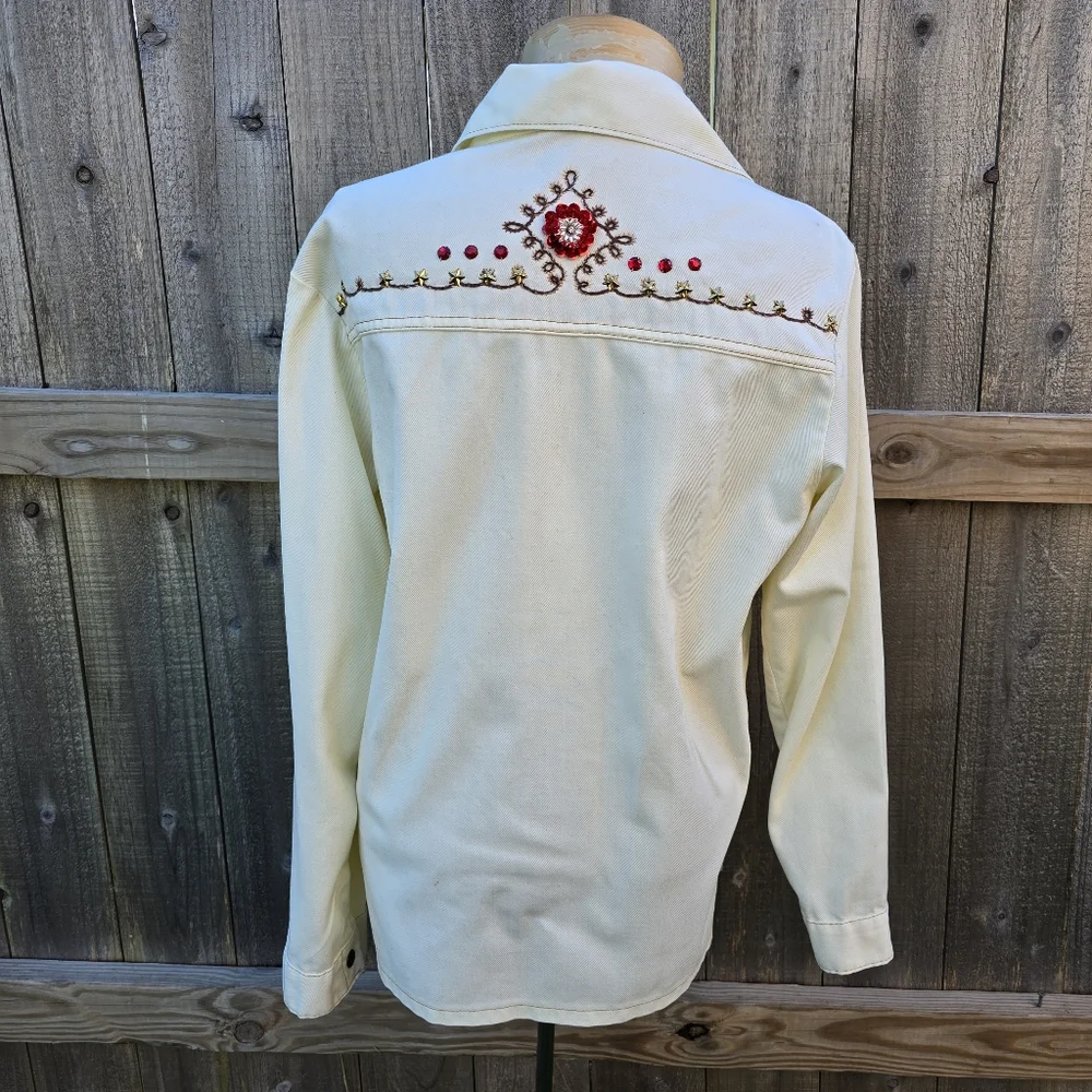 Western Jacket Womens Medium White Embroidered Floral Sequin Stud Button Up - Picture 3 of 16